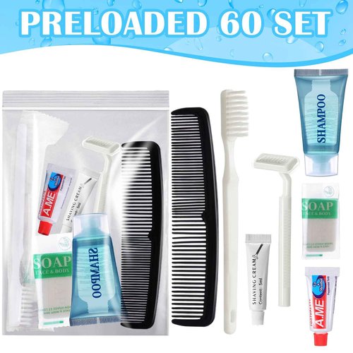 Ziliny 60 Set Travel Convenience Toiletry Kit Bulk Basic Toiletry Kits Travel Size Homeless Personal Hygiene Kit Homeless Care Package Supplies with Reusable Toiletry Bag for Men Charity