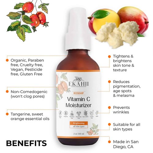 Vitamin C Face & neck moisturizer, Dark Spot Remover, Vit C Serum w Hyaluronic Acid, Rosehips, Noni, Amalaki, Orange, Acerola Cherry, Mango Butter- Anti Aging & Skin Brightening - Ayurvedic
