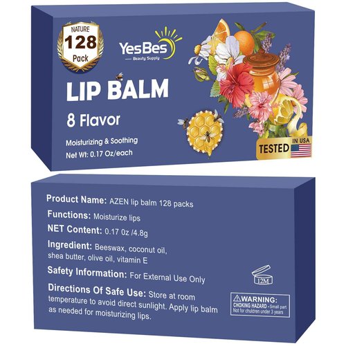 YesBes 128 Pack Lip Balm, Natural Lip Balm Bulk with Vitamin E and Coconut Oil, Moisturizing Lip Balms for Dry Cracked Lips, Lip Balms for Stocking Stuffers - 8 Flavors