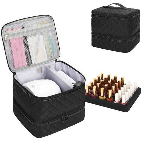 Ethereal Small Nail Polish Organizer Case Holds 32+ Bottles(15ml/0.5fl.oz) and Nail Lamp, Double Layer Nail Polish Storage Bag for Nail Kit, Manicure Tools, Black