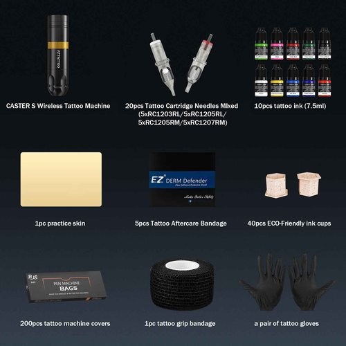 EZ Tattoo Kit - Tattoo Gun Kit Complete with Rotary Tattoo Machine Pen, 1500mAh Battery Power Supply, 20Pcs Tattoo Needles and 10 Color Inks for Tattoo Beginners and Artists (Caster S Golden)