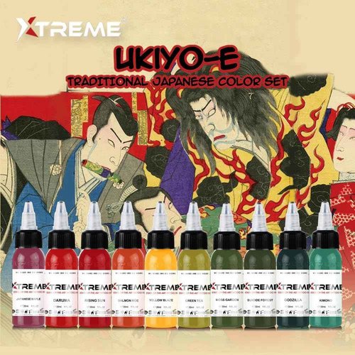 Xtreme Tattoo Ink Ukiyo-E Traditional Japanese Set - Explore Authentic Japanese Colors Inspired by Ukiyo-e Prints for Breathtaking Tattoo Artwork (Set of 10, 1/2 oz)