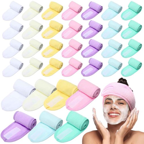 Wavyknot 35 Pack Spa Facial Headband for Women Adjustable Face Wash Makeup Stretch Flannel Headband Bulk with Tape for Women Hair Wrap Towel Skincare Facial Mask Bath and Sport, Macaron Color