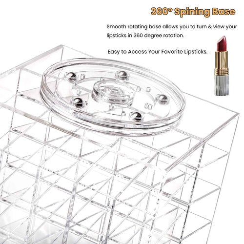 Tlence 64 Slots Rotating Lipstick Organizer, Acrylic Spinning Lipgloss Tower Holder, Clear Rotable Lip Gloss Organizer Case, Lip Stick Display Rack Stand, Cosmetic Makeup Accessories for Lip Balm