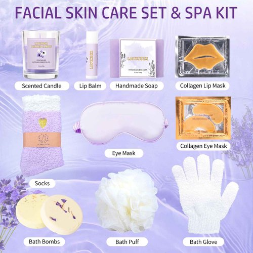 Facial Skin Care Set & Spa Kit, Lavender Spa Gifts for Women, Body & Facial Relaxation Kit, Mothers Day Gift Ideas, Self Care Gifts Birthday Christmas Gifts Includes Face Cream Oil Shower Accessories