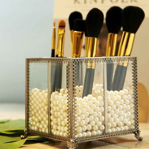 PuTwo Makeup Organizer Vintage 4 Sections Makeup Brushes Holder Make Up Storage with Free White Pearls