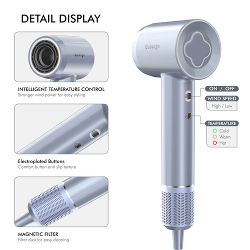 Hair Dryer, Guiwigo High Speed Professional Ionic Hair Dryers with Diffuser,Nozzle,Wall Mount, 3 in 1,Fast Drying,Low Noise,200 Million Negative Ions,Hair Dryers for Women,Men,Kids,Pets,Gift