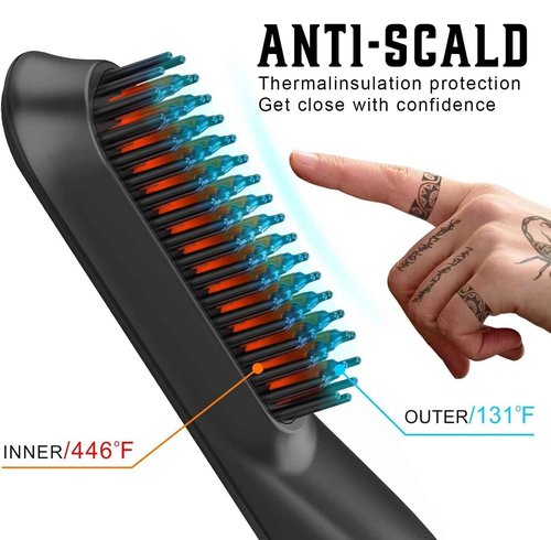 FEBOTE Heated Ionic Hair Straightening Brush for Men - 5 Temperature Settings, Anti-Scald, Beard Shaper & Travel Bag