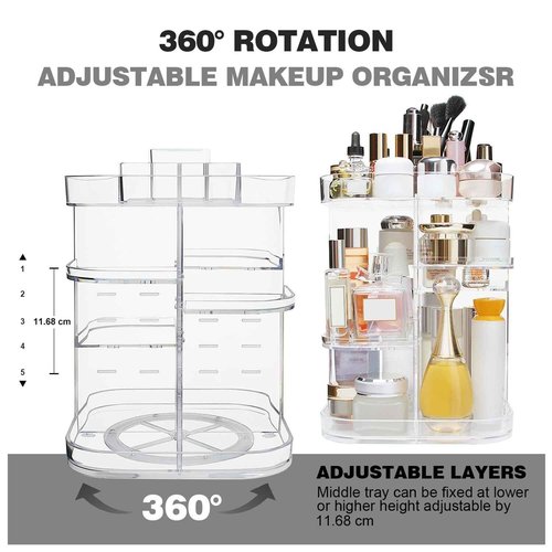 AMEITECH 360-Degree Makeup Organizer, DIY Adjustable Rotating Cosmetic Storage Carousel Spinning Holder Storage Rack with 5 Layers Large Capacity, Best for Countertop, Square