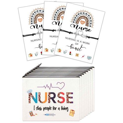 Yinkin 32 Pcs Nurse Appreciation Gift 2025 for Nurse Week 16 Canvas Makeup Cosmetic Bags Survival Kit and 16 Blessing Card Bracelets, Christmas Medical Staff Practitioner Gift for Women(Retro)