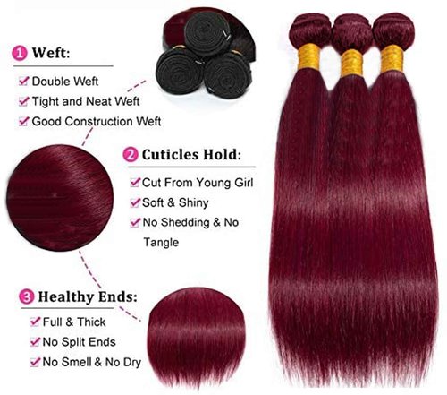 Peenoll Bundles Human Hair 18 20 22 Inch Straight Wave Human Hair Bundles Brazilian Burgundy 99J 12A Unprocessed Brazilian Virgin Quick Weave for Black Women