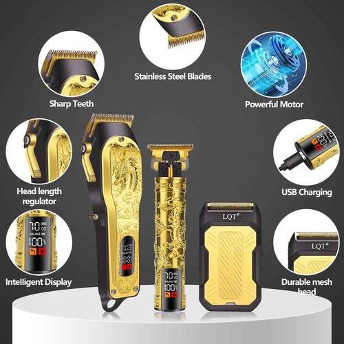 LQT Professional 3-in-1 Haircut and Shaving Set, Gold Design LED Display 17 Accessories + Travel Storage Box, Equipped with Large Capacity Battery, Holiday Gift, Men's Gift
