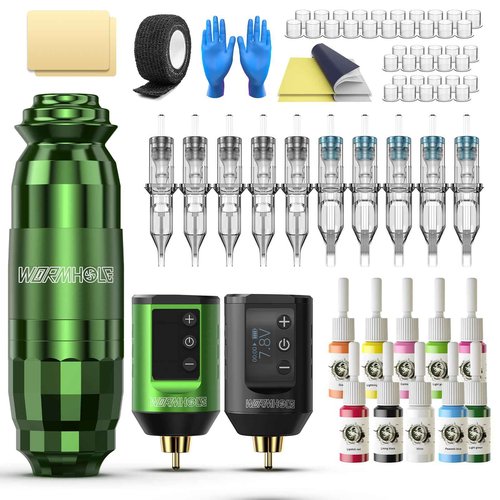 Wireless Tattoo Kit Wireless Tattoo Gun Kit Professional Tattoo Machine Kit Tattoo Pen Kit with Two 1500mAh Tattoo Battery Pack Tattoo Ink Tattoo Needles WTK258&WB11-A
