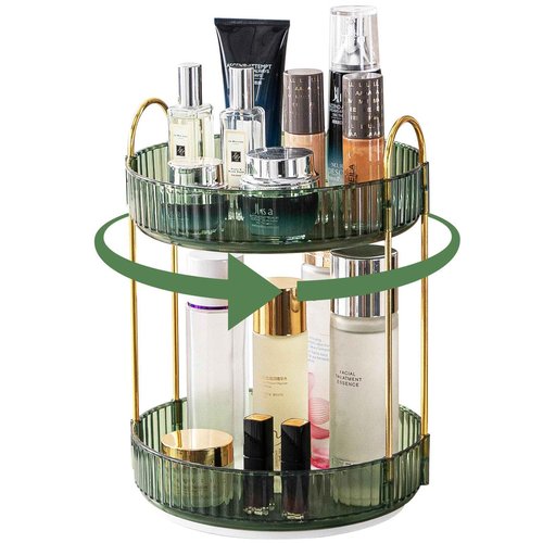 Makeup Organizer for Vanity, 360° Rotating Bathroom Organizer Countertop, High-Capacity Skincare Organizer, Spinning Cosmetics Organizer for Dresser Countertop (2 Tiers, Green)