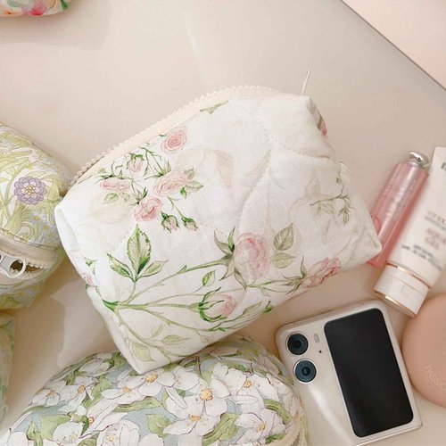 Sminra 2 Pcs Floral Makeup Bag Large Travel Cotton Quilted Cosmetic Makeup Bag Organizer, Cute Coquette Aesthetic Zipper Portable Pouch Purse Storage Toiletry Bag for Women Girls accessories