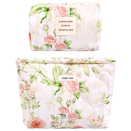 Sminra 2 Pcs Floral Makeup Bag Large Travel Cotton Quilted Cosmetic Makeup Bag Organizer, Cute Coquette Aesthetic Zipper Portable Pouch Purse Storage Toiletry Bag for Women Girls accessories