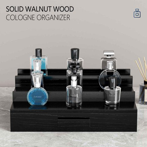 Sueuapp Walnut Wood Cologne Organizer for Men,3 Tier Cologne Stand,Cologne Shelf Display Holder,Perfume Stand Organizer with Hidden Compartment and Drawer,Great Gift for Men,Black