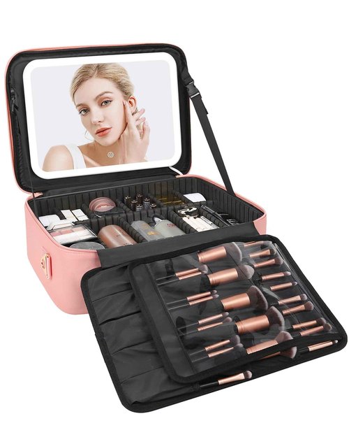 Relavel Makeup Bag with LED Mirror, 16.2 inches Large Makeup Case Travel Portable Cosmetic Organizer Vanity Case for Women, Rechargeable Lighted Mirror Professional Makeup Artists Storage Box (Pink)