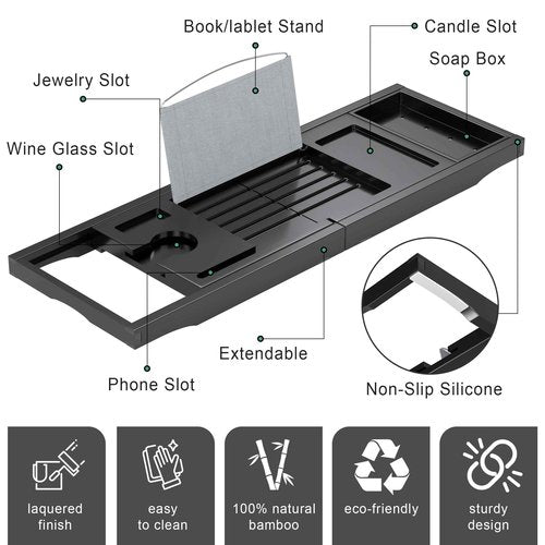 Foldable Bathtub Caddy Tray for Tub,Bamboo Expandable Bath Table Trays,Premium Bathroom Accessories for New Home & Mothers Day & Birthday Gifts for Couples,Black