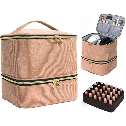 Apxouans Nail Polish Organizer Bag Nail Kit Organizer Holds 30 Bottles and 1 Nail Lamp Double-layer Nail Polish Carrying Case Nail Art Tote Bag Brown