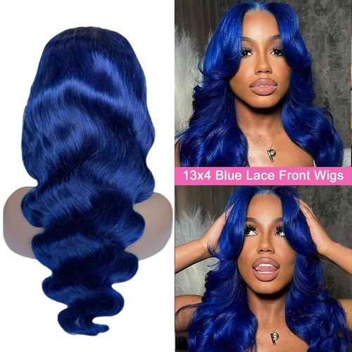 Suresen Dark Blue Lace Front Wigs Human Hair Pre Plucked 180% Density 26 Inch Body Wave HD 13x4 Lace Front Pre Plucked Dark Blue Human Hair Wigs with Bleached Knots Natural Hairline