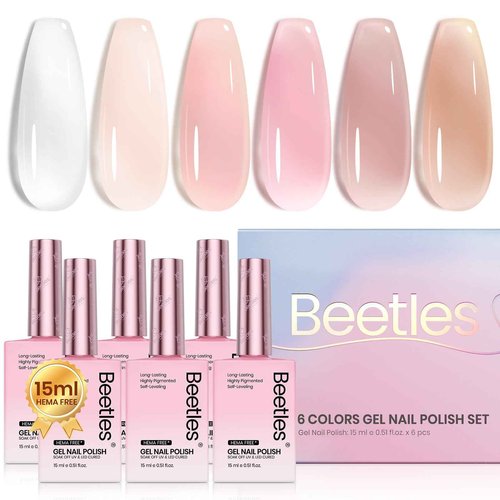 Beetles Jelly Gel Nail Polish Set - 6 Colors 15ML Full Size Hema Free Nude Pink Brown Milky White Sheer Gel Polish Kit Translucent Effect Soak Off UV Colorful Bottle Gel Gift for Women