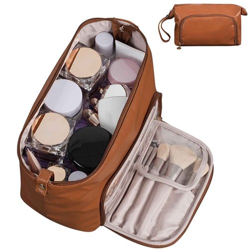CHATSZ Makeup Bag for Women, Waterproof Cosmetic Bags, Travel Toiletry Bag, Makeup Bag Organizer with Divider and Handle, Wide-Open Cosmetic Case Portable (Brown)
