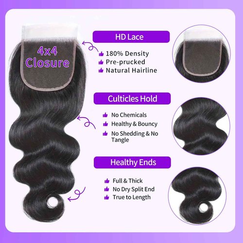 DDODLA Body Wave Bundles with Closure Human Hair 18 20 22 + 16 Inch Brazilian Human Hair 3 Bundles with 4x4 HD Lace Closure Part 12A Grade 100% Unprocessed Virgin Hair