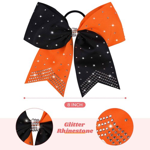 CEELGON Large Rhinestones Cheer Bows, 12 PCS Glitter 7" Cheer Bows Ponytail Holder for Cheerleaders Girls Softball Sports Competition (Orange/Black)