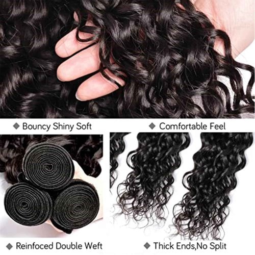 SHWAIR Water wave bundles 12A 100% Unprocessed Deep human hair bundles with Hair Extensions Natur weave Curly human hair natural blcak color for women (Natural Black, Water 20 22 24 inch 100g/bundle)
