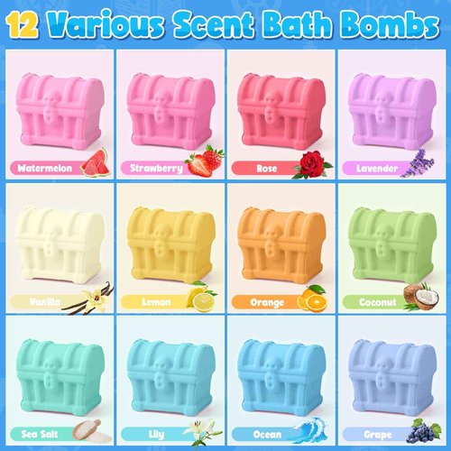 Toylink Bath Bombs for Kids with Diving Gem Toys Inside, 12 Pack Treasure Chest Bath Bombs with Surprise Pirate Accessories Pretend Playset, Handmade Bubble Bath Fizzies Birthday Christmas Gift Set