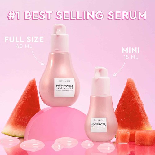 Glow Recipe Watermelon Glow Niacinamide Dew Drops Serum (15 ml) + PHA + BHA Pore Tight Facial Toner (40 ml) + Plum Plump Hyaluronic Cream (20 ml) - Vegan Skin Care for Glowing Skin