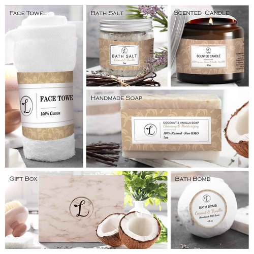 Spa Gift Set, Natural Coconut & Vanilla, Gift Box Includes: Bath Bomb, Bath Salt, Hand Soap, Scented Candle, Face Cloth and Gift Box. Best Gift for Her.