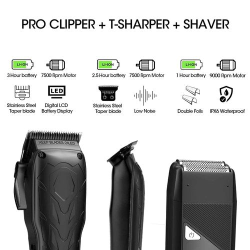 QREEYX Hair Clippers for Men Professional, 7500Rpm Beard Trimmer, IPX6 Waterproof Electric Shavers 3 in 1 Hair Cutting Kit for Men, Cordless Barber Clipper Set with LED Display for Mens Gifts