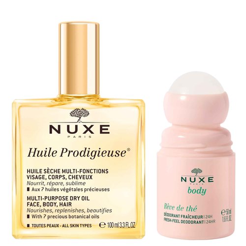 Nuxe Huile Prodigieuse Multi-Purpose Dry Oil (3.3 Fl Oz) & Rêve de Thé Aluminum-Free Deodorant (1.6 Fl Oz) Skincare Duo for Nourished Skin & Long-Lasting Freshness
