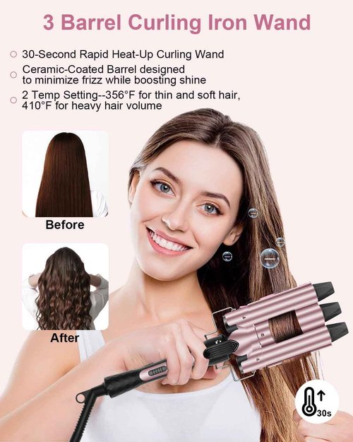 6 in 1 Wand Curling Iron, 3 Barrel Curling Iron Set with Thermal Brush (1.5") and 5 Interchangeable Ceramic Wand Curler (0.35"-1.25"), 2 Temp Heating Setting, Halloween Christmas Gifts for Women