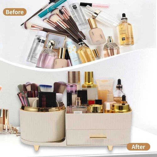 Zufudo Makeup Organizer Countertop with Drawer 360 Rotating Brush Holder Storage Large Capacity Skincare Cosmetic Display Cases for Vanity Bathroom Desktop, Model 3016 Cream