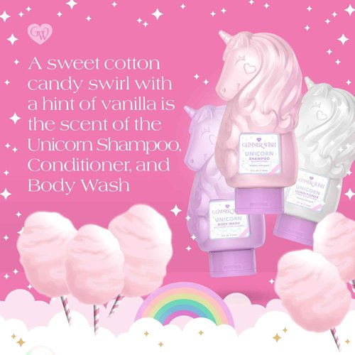 Glimmer Wish Premium Unicorn Shampoo + Conditioner + Body Wash, Vanilla Cotton Candy Scent, Dermatologist Tested, Sulfate & Sulfite Free, Paraben Free, PEG & EDTA Free, 100% Vegan, Cruelty & Gluten