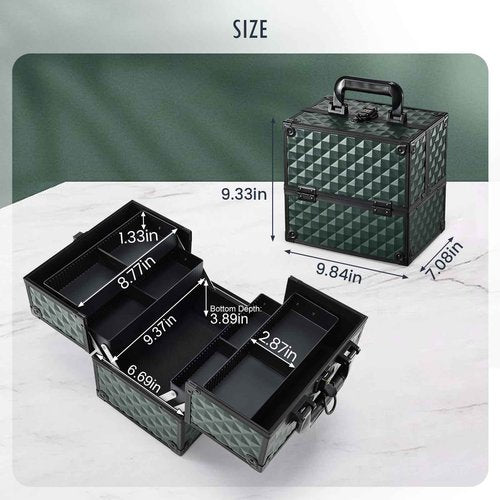 FRENESSA Makeup Case Makeup Box Cosmetic Train Cases Portable Make Up Artist Travel Case Storage Box 4 Trays with Dividers Lockable Hard Makeup Box Craft Nail Kits Case Drak Green