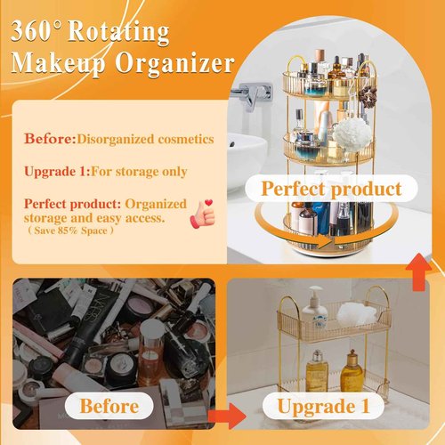 Megapuxin Makeup Organizer for Vanity,360° Rotating Large Skincare Make Up Storage Perfume Organizers Cosmetic Dresser Organizer Countertop Organizer with Extra Hooks DIY Stickers for Bathroom