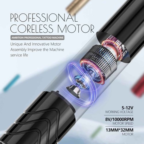 Ambition Rotary Tattoo Machine with 2.5mm Stroke Coreless Motor Slim Short Permanent Makeup Tattoo Gun Professional Cartridge Pen with RCA Cord for Eyebrow Eyeliner Lips SMP