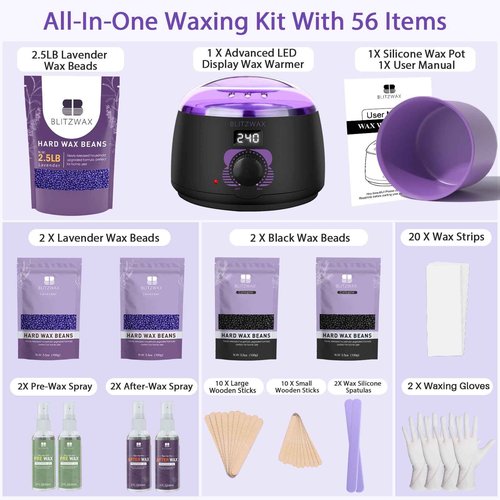 BLITZWAX Brazilian and Bikini Waxing Kit With 2.5lb Lavender Wax Beads, Hard Wax Warmer for Face, Legs and Body, At Home Hair Removal Kit, Beginner Friendly, Digital Fast Heating, 56 Wax Items