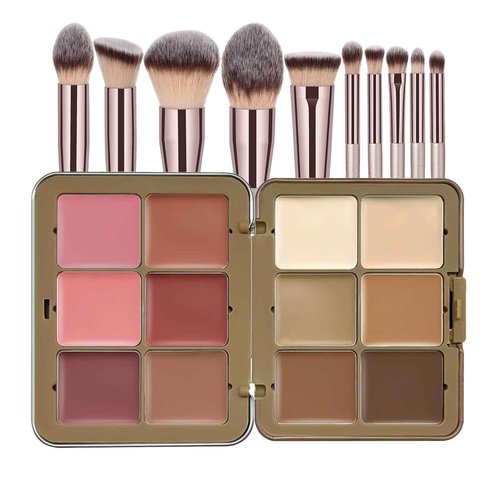 JasCherry 12 Colors Makeup Palette & Brush Set, Professional Eyeshadow, Blush, Highlighter, Contour Kit with 10 Champagne Gold Brushes, Cruelty-Free, Vegan, Travel-Friendly, for Beginners Pros