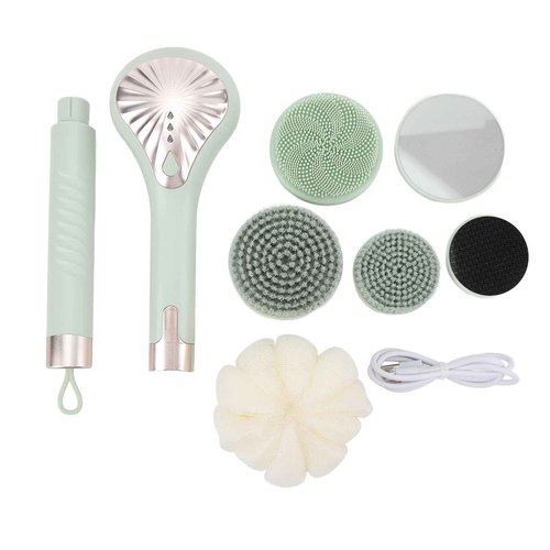 Rechargeable Electric Back Scrubber Body Brush with 3 Gears Multifunctional Shower Bathing Tool, Detachable Long Handle & 6 Brush Heads for Complete Shower Use - Light Green