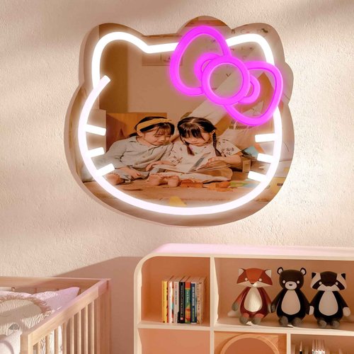 MCJSGSP Anime Hello Kit Cat Neon Sign Mirror L16.1 W14 Vanity Mirror with Lights Bedroom Wall Mirror for Pink Room Decor and a Makeup Mirror with Lights Teen Girl Gifts