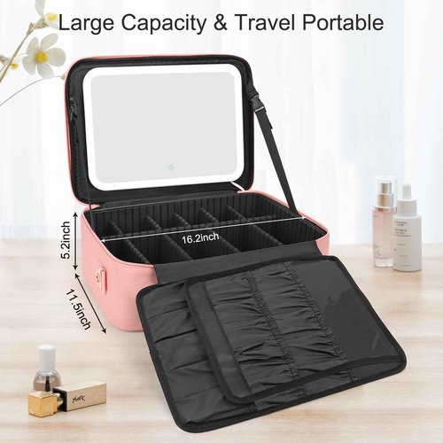 Relavel Makeup Bag with LED Mirror, 16.2 inches Large Makeup Case Travel Portable Cosmetic Organizer Vanity Case for Women, Rechargeable Lighted Mirror Professional Makeup Artists Storage Box (Pink)