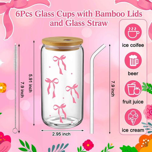 Reallnaive 18 Pcs Pink Bow Glass Cups with Lids Coquette Bow Cosmetic Makeup Bag Pink Hair Scrunchies Ties for Women Birthday Wedding Gift Bridesmaid Bridal Valentines Christmas
