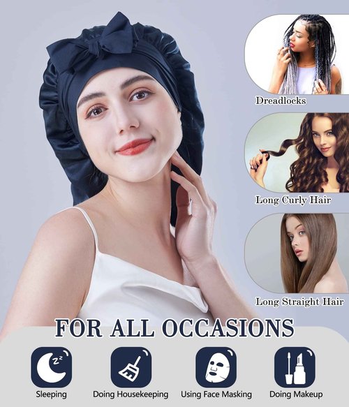 Cocheng Mulberry Silk Bonnet for sleeping long Silk Bonnet for Curly Hair Braids Cap for Women Silk Cap with Tie Band