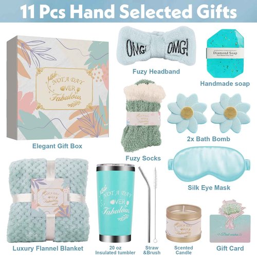 Luxury Spa Gift Basket for Women -Self Care Birthday Gifts Set with Bath Bombs,Bath Salts,Flannel Blanket&Soy Candle Relaxing Gifts for Wife,Mom,Best Friend,Her Perfect For Mother's Day(Blue)