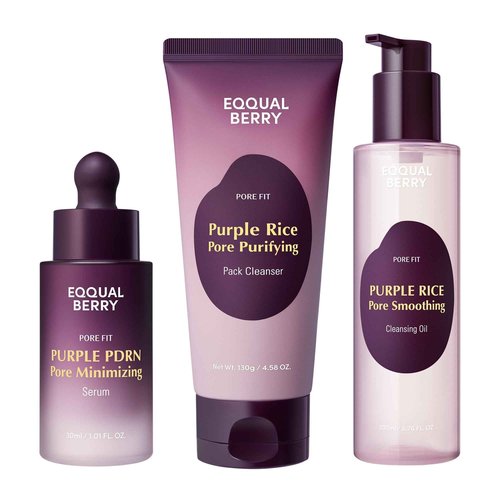 EQQUALBERRY Purple Rice 3-Step Pore Care & Glass Skin Trio – Cleansing Oil, Pack Cleanser & Pore Minimizing Serum | Complete Korean Skincare for Double Cleansing, Pore Refining & Skin Prep